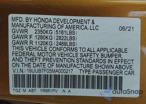 2021 Acura Tlx Type S из США, поврежденный, VIN 19UUB7F05MA000217